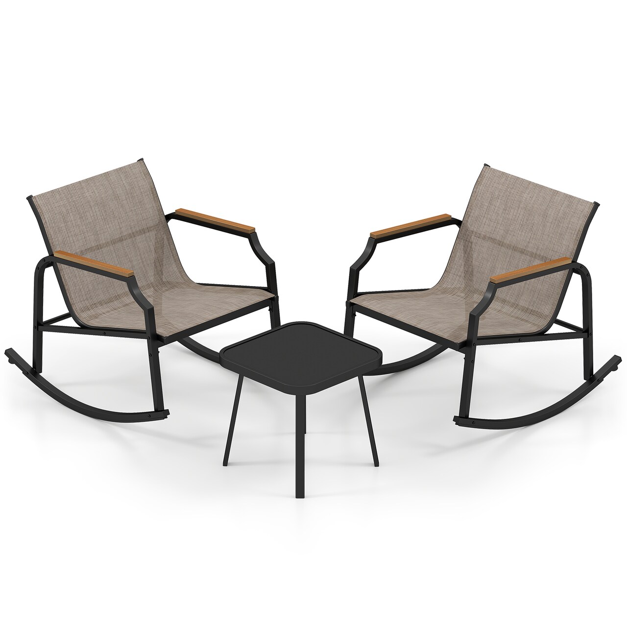 3-Piece Patio Rocking Bistro Set Black & Brown Metal Chairs with Quick-Dry Fabric